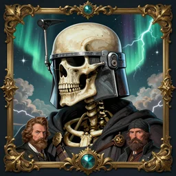a detailed profile illustration of skelleton, bounty hunter portrait symmetrical and science fiction theme with lightning, aurora lighting clouds and stars by beksinski carl spitzweg and tuomas korpi. baroque elements. baroque element. intricate artwork by moebius. Trending on artstation. 8k