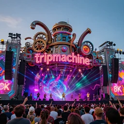 an outdoor festival stage with audience, neon letters tripmachine, center of the stage is a big futuristic steampunk generator with gears and belts and tubes, surrounded by big cyberpunk loudspeakers, rock musicians on the stage, laser show, 8 k, fluorescent colors, halluzinogenic, multicolored, exaggerated detailed, unreal engine