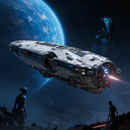 huge transportation spacecraft nearing a blue planet, mass effect, alien, avatar, star wars, dark, cyberpunk, moody, ambient lighting, 8 k, 4 k, ridley scott, syd mead, artgerm, artstation, octane render