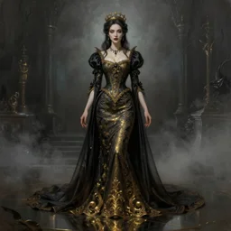 ultra realist soft painting of a beautiful gothic princess in a full long curvy slim ornate dress in the world of Lovecraft, film noir style, very intricate details, ultra dense fog, golden ratio, volumetric lighting, reflections, refractions, symmetry accurate anatomy features, unreal render