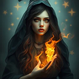 cubist 3 d octane render unreal engine of portrait painting of misty witch surrounded by stars and ethereal flames and phantom shapes