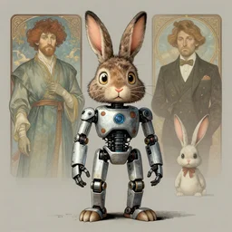 grungy rabbit hare that is half robot illustration by greg rutkowski, thomas kindkade, alphonse mucha, cyborg bunny, norman rockwell. Trending on artstation.