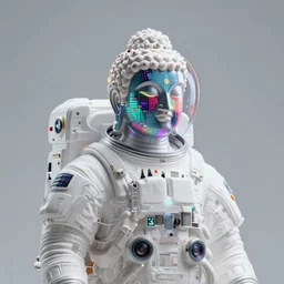 awardwinning photo of a trippy steampunk buddha in an astronaut suit, the face is covered with multicolored glowing digital displays, wearing a glowing blue and golden metallic aztec helmet with multicolored cables and shiny metallic gears, 3 d render, crisp, 8 k, fluorescent colors, nikon photography