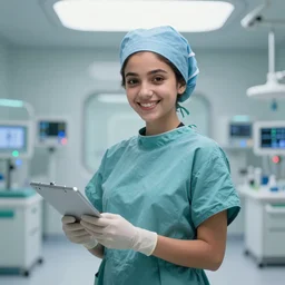 A proud and happy Afghan girl working as a surgeon in a futuristic hospital, digital art