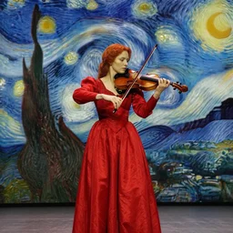 woman with red hair red dress at the center of the stage playing violin, artistic, renaissance, soft, detailed, vincent van gogh, greg rutowski, michaelangelo
