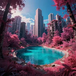 a beautiful ultradetailed highly detailed abandoned pool nature city architecture unfinished building urbex by georgia o'keeffe, poppy fisheye retrowave bladerunner 2 0 4 9 studio ghibli uv light forest lake landscape myst rainforest darkacademia nature infrared sunlight synthwave meadow, archdaily, wallpaper, highly detailed, trending on artstation.