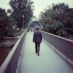 a crypto investor passing a moat on a bridge, 3 5 mm photograph, faded colors, kodakchrome, canon ae 1