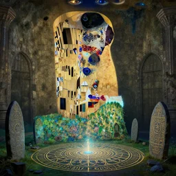 ancient overgrown! ruins, medieval gates, runestones, mysetrious etherial mesmerizing runic!! cat eyes, magical elven geometry, concept art by gustav klimt!, deviantart contest winner, environmental art, fairy circle, high detail, intricate masterpiece