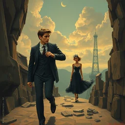 surrealist painting of a young man and a young woman escaping from the past in the, style of rene magritte, artstation, estilo greg rutkowski, art deco, conceptual art