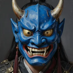 portrait painting of a mercenary wearing a blue demonic oni mask, sharp focus, award - winning, trending on artstation, masterpiece, highly detailed, intricate. art by ben templesmith