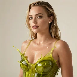 margot robbie wearing a risque outfit made from splashes of olive oil, half body portrait, greg kutkowski, sharp details, soft lighting, subsurface scattering, pearls of sweat, glistening skin, warm lighting