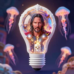 Keanu Reeves as Thor from Thor Ragnarok by Roberto Ferri. Edison bulb. white plastic. human skull jellyfish butterfly phoenix head. burning water. baroque ornament details, intricate artwork by Tooth Wu and wlop and beeple and dan mumford and greg rutkowski. halo. octane render, cinematic, hyper realism, octane render, 8k, depth of field, bokeh. iridescent touch. vibrant. saturated. blade runner style