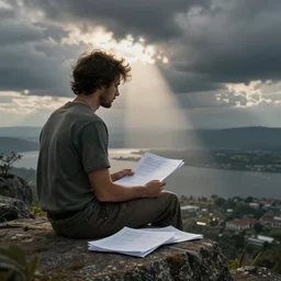 sitting on noah / s ark looking at papers of graphed data nobody cares about