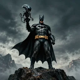 batman stands on a mountain holding defeated alien in one hand. greg rutkowski, cinematic, atmospheric, trending on artstation, 8 k, hd, high contrast, majestic. anatomically correct. wide angle. frank miller