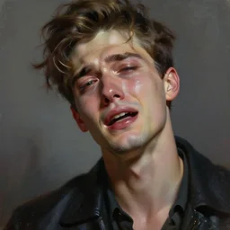 hyperrealism oil painting of a male fashion model crying