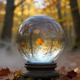 a 3 5 mm fantasy matte painting of wizard with clear glass fresnel ball in the sunshine autumn forest, falling autumn leaves are reflected in the ball, foggy bottom, god rays, ultrasharp, detailed, cinematic