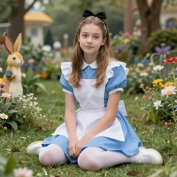 female, sitting teenager, full body, realistic portrait, alice in wonderland, octane render 8 k, unreal engine, hd