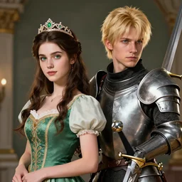 a young couple a green - eyed brunette in a dress and a tiara and a blonde strong with a sword and in armor portrait, 8 k uhd, unreal engine, octane render in the artstyle of finnian macmanus, john park and greg rutkowski