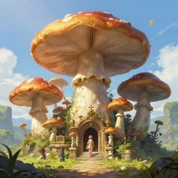mushroom temple, highly detailed, d & d, fantasy, highly detailed, digital painting, trending on artstation, concept art, sharp focus, illustration, global illumination, ray tracing, realistic shaded, art by artgerm and greg rutkowski and fuji choko and viktoria gavrilenko and hoang lap, sunny