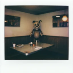 1980s polaroid of a restaurant with a creepy smiling animatronic in the corner, blurry, hazy
