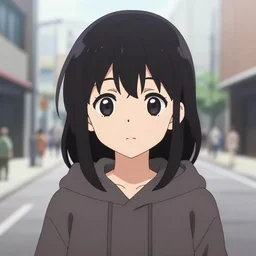 anime visual, portrait of a young black haired girl wearing hoodie on the city street background, one person, cute face by yoh yoshinari, katsura masakazu, studio lighting, half body shot, strong silhouette, anime cels, ilya kuvshinov, cel shaded, crisp and sharp, rounded eyes, bright