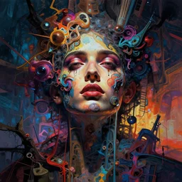 hyper-maximalist overdetailed cinematic half portrait half collage pesudofigurative digital illustration by archan nair inspired by works of hakan hisim. Dramatic lights. Psychedelic visionary artwork. Zenith view. Seen from below.
