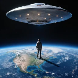 standing on earth, looking out into the vastness of space, giant ufo in the sky