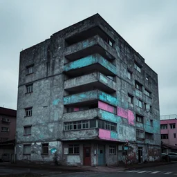 brutalist building with touches of cyan and pink. moody and melanchony