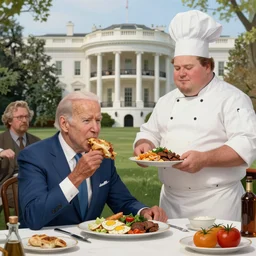 Joe Biden eats unhealthy food served to him by a very fat chef at the white house, highly detailed, digital painting, artstation, concept art, sharp focus, illustration, art by artgerm and greg rutkowski and alphonse mucha and Norman Rockwell