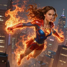 hyper - realistic, gorgeous!!! woman resembling natalie portman as a superhero with fire powers, flying over a city | intricate, highly detailed, digital painting, artstaion, smooth, sharp focus, character desgin, concept art, illustration | art by artgerm & jeehyung lee & wlop