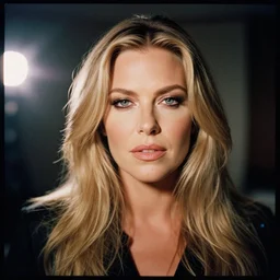 A Hyper realistic and detailed portrait photography by Annie Leibovitz of Stormy Daniels. Agfa Vista 400 film. Detailed. Depth of field. lens flare. moody. cinematic. warm light. realistic. expired film.