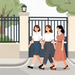 a couple of women walking down a street next to a gate, a storybook illustration by chinwe chukwuogo - roy, shutterstock contest winner, harlem renaissance, storybook illustration, official art, egyptian art