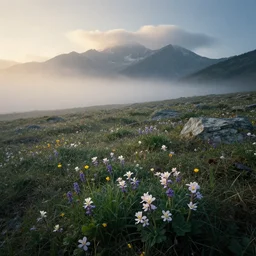 photo of epic alpine moor landscape in spring, alpine flora, first light, morning mist, cinematic, cinematic, art by michael shainblum, low clouds