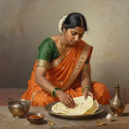 realistic painting of a women from maharashtra in saree from 2 0 th century making chapati