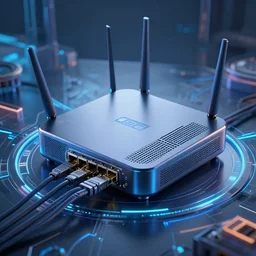 next generation of high traffic routers, networking hardware, cables, antennas, box - like, set top boxes, futuristic with a sci - fi vibe, cyber network