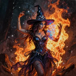 realistic extremely detailed  photo style portrait painting of a witch dancing in the shine of a huge fire. the face of a demon is half transparent visible right over the fire. retro futuristic ,water, by Stanisław Szukalski , rich moody colors,diamond dust glitter and sparkles, holographic krypton ion, blue eyes, octane render, 4k, f32