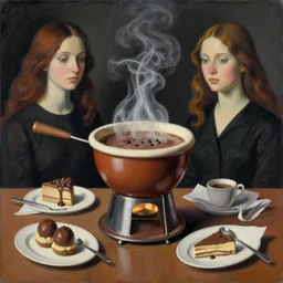 Surrealist painting of a chocolate fondue