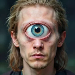 Portrait photo of an unbrushed cyclops-like man without nose and with one giant eye, high quality photo, 85mm, focused, fantasy, colorful, digital art