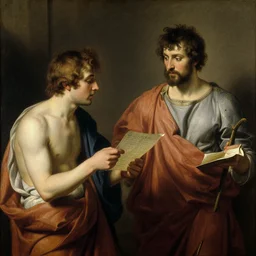ares gives a letter to hermes, painting by gaston bussiere, craig mullins, j. c. leyendecker