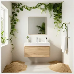 IKEA catalogue photo, high end farm house style bathroom, sand piled in corners, dust, organic, vines, overgrown, tropical, by Beksiński