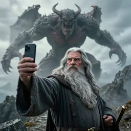 Gandalf the Grey confidently taking a Selfie on the mountain, a balrog in the background looming,