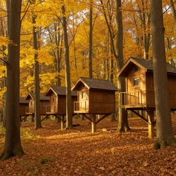 a row of tree houses nestled in a forest, golden hour, autumn leaves, realistic high quality art digital art