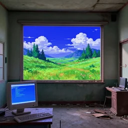 weirdcore landscape wallpaper in a 90’s pc in an abandoned room