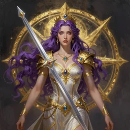 a beautiful realistic painting of queen of swords, goddess, purple hair, golden ratio, intricate, elegant, highly detailed, digital painting, artstation, 8 k,