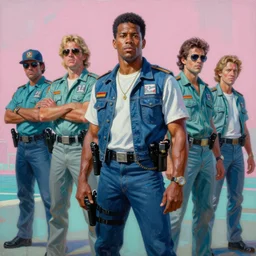 an oil painting of crockett and tubbs, eighties miami vice, ultra realistic, highly detailed, brushstrokes, masterpiece, cinematic by frank frazetta, greg rutkowski, beeple, yoko taro, christian macnevin, beeple, wlop, krenz cushart, epic fantasy character art, volumetric lighting, cgsociety, pink and teal