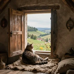 sill life with a cat inside a medieval house with an open door and a window and the landscape in background