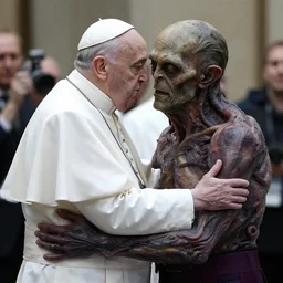 Pope Francis hugging a fleshy Lovecraftian creature