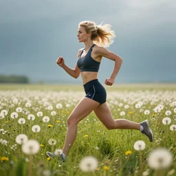 young blonde woman ( gym uniform ) running through a field of dandelions. volumetric lighting, dynamic pose, epic composition, atmospheric perspective, ambient occlusion, bounced lighting, subsurface scattering, depth of field, glow, perlin noise, chromatic abberation, 4 k, srgb, p 3, 4 k, 8 k, cinematic. beautiful lineart, clean
