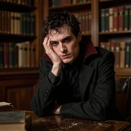 night portrait of a neurotic british man feeling confidant vampire in a grungy library f / 1. 4 hdr