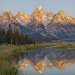 serenity at grand teton national park, oil on canvas artwork by thomas cole, nostalgic, golden hour
